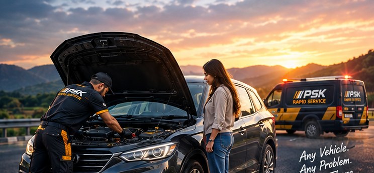 PSK mechanic servicing a customer's car roadside at sunset